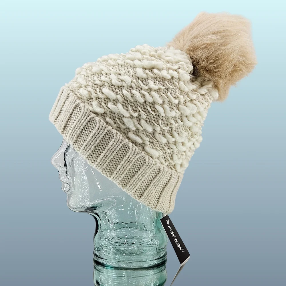 Kyi Kyi Hat Beanie Wool Blend Knit Faux Fur Pom Pom Cottagecore Outdoor Winter